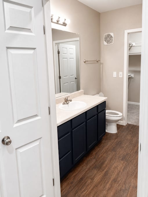 A bathroom with a white door and a white sink.