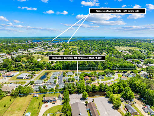 An aerial view of a residential area with a label pointing to Pasquotank River Parks.