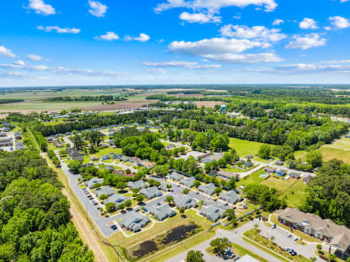 A bird's eye view of a residential area with houses and trees.