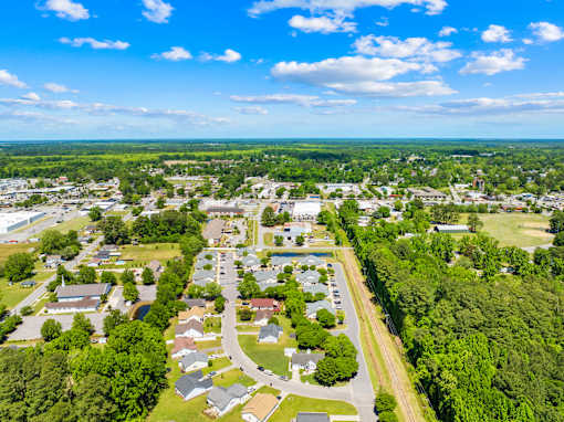 A bird's eye view of a residential area with houses, roads, and greenery.