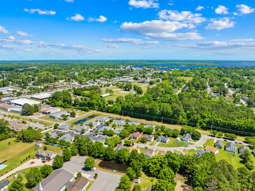 A bird's eye view of a residential area with houses, roads, and greenery.