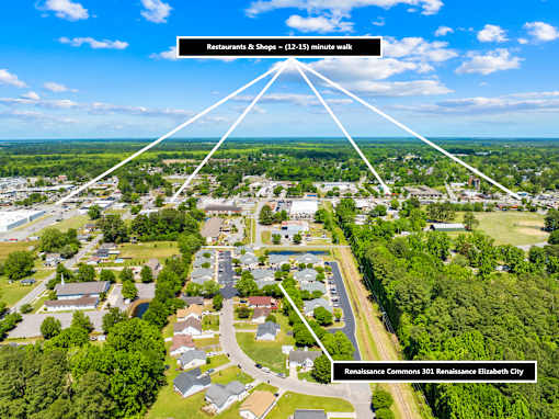 An aerial view of a residential area with a label indicating it is the Renaissance Commons 301 in Elizabeth City.