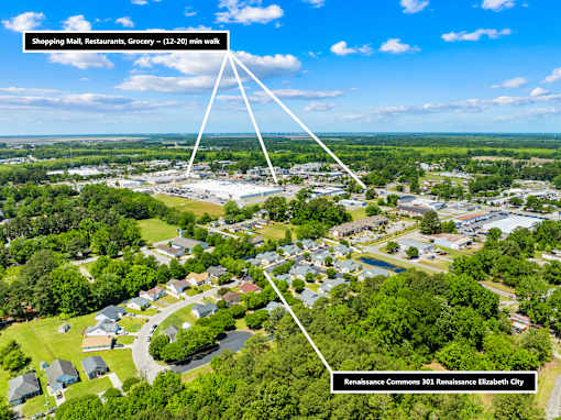 An aerial view of a residential area with a shopping mall and grocery store nearby.