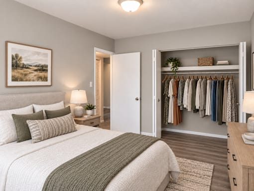 A bedroom with a large bed and a closet with clothes.