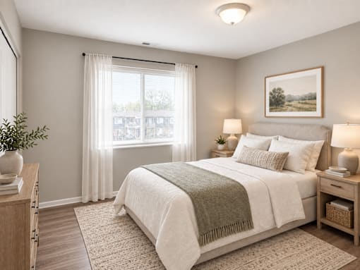 A bedroom with a large bed, a nightstand, and a window with curtains.