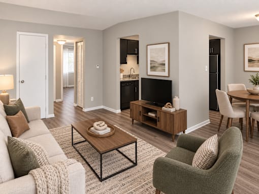 A living room with a grey couch, a coffee table, and a chair.