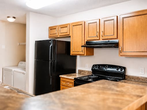 A kitchen with black appliances and wooden cabinets.