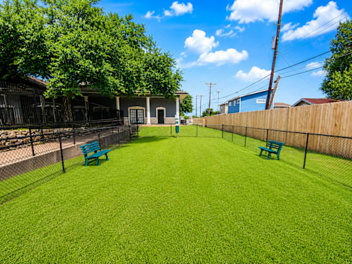 A backyard with a green lawn and two blue benches.