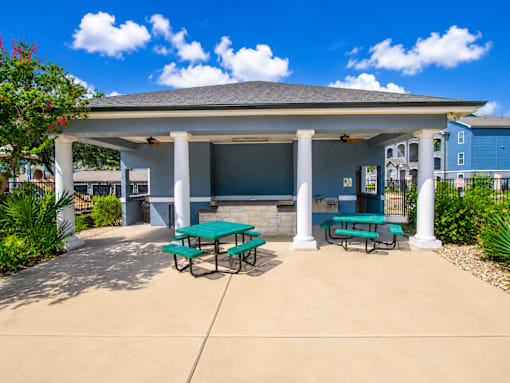 A covered picnic area with tables and benches.