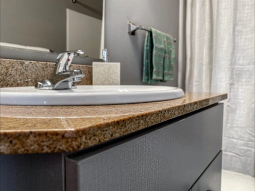 a bathroom with a sink and a mirror