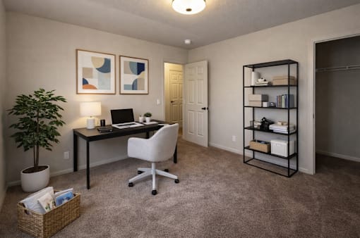 A room with a desk, chair, and shelves.