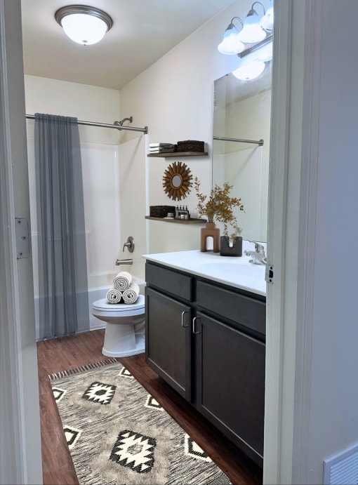 a bathroom with a shower and a sink and a toilet