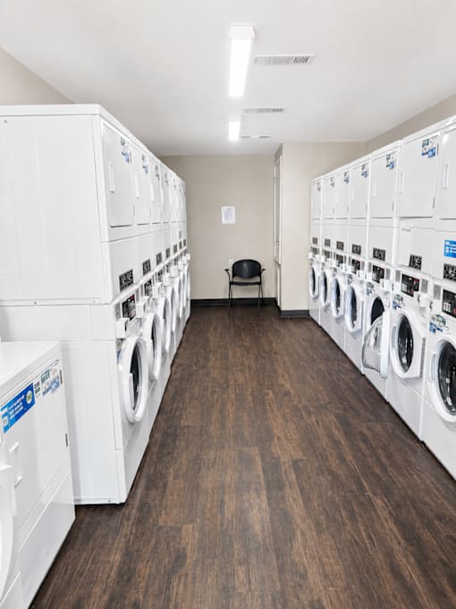A laundromat with rows of washers and dryers.