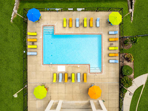 A large blue swimming pool surrounded by yellow and blue sun loungers.