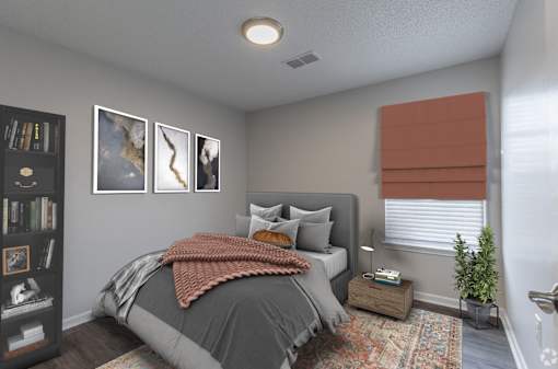 A bedroom with a bed, a nightstand, a bookshelf, and a plant.