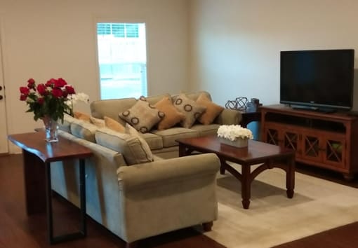 a living room with a couch and a television