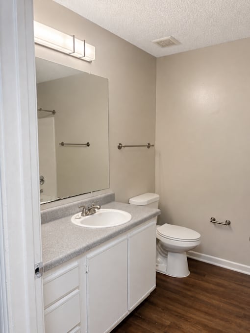 A white bathroom with a toilet, sink, and mirror.
