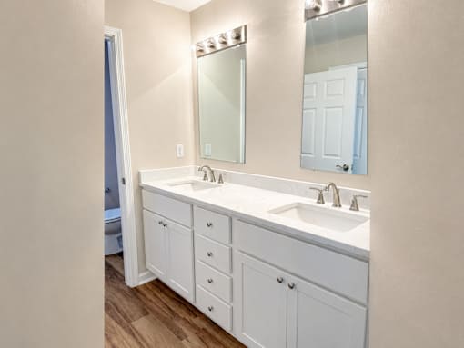 A bathroom with a white vanity and a mirror above it.