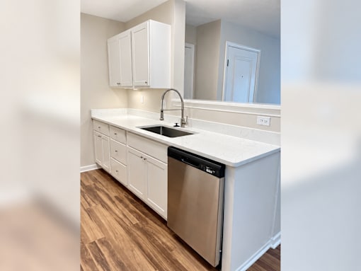 A kitchen with white cabinets and a stainless steel dishwasher.
