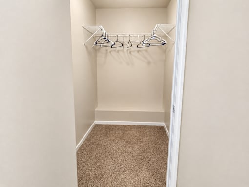A white closet with a carpeted floor and a white door.