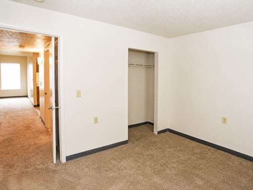 A room with a carpeted floor and a white wall with a door and a window.