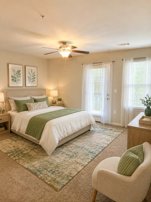 A bedroom with a bed, chair, and a ceiling fan.