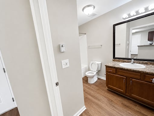 A bathroom with a toilet, sink, and mirror.