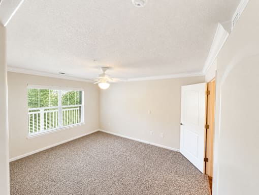 A room with a carpeted floor and a window with a view of a green fence.