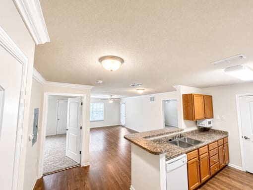 A kitchen with white cabinets and a granite countertop.