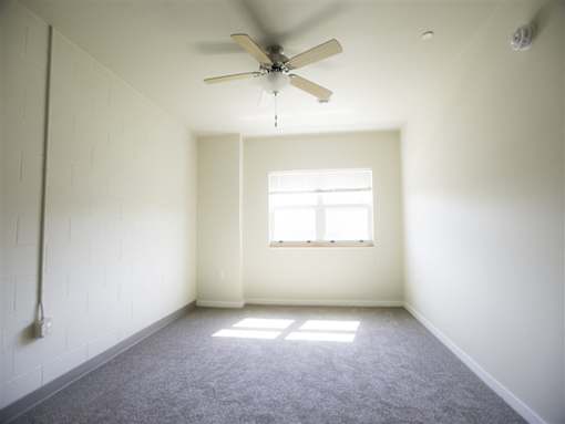 A room with a ceiling fan and a window letting in sunlight.