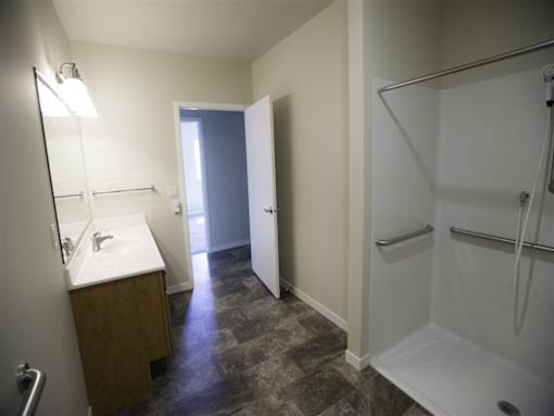 A bathroom with a sink, mirror, and shower.