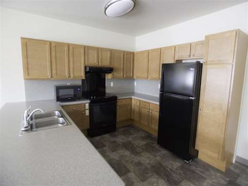 A kitchen with black appliances and wooden cabinets.