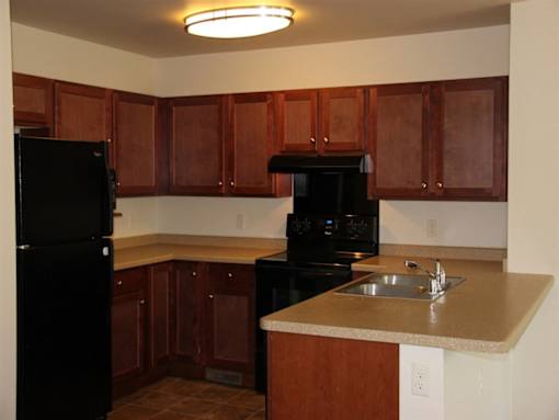 A kitchen with black appliances and wooden cabinets.