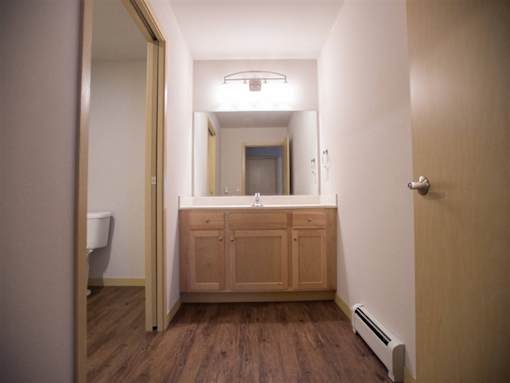 A bathroom with a wooden vanity and a mirror above it.