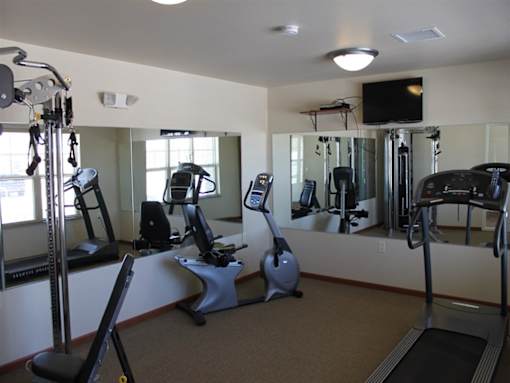 A gym with treadmills, exercise bikes and other equipment.