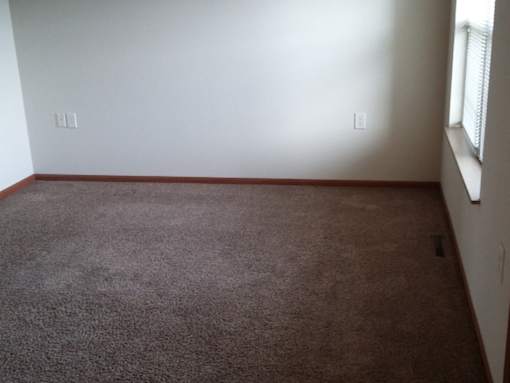 A room with a brown carpet and white walls.