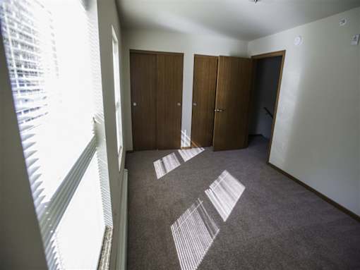 A room with a carpet and three wooden doors.