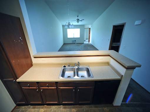 A kitchen with a sink and a window.