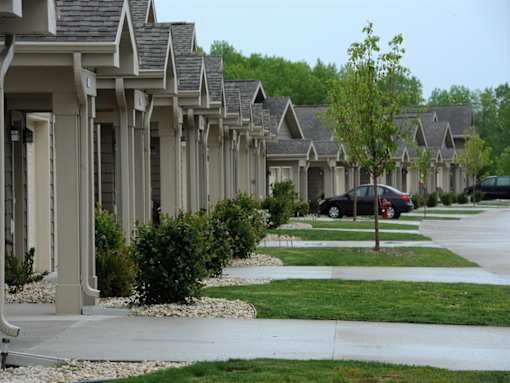 A row of houses with a tree in the front yard.