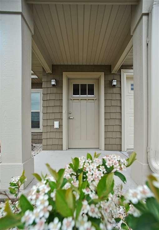 A beige door is flanked by two white columns.
