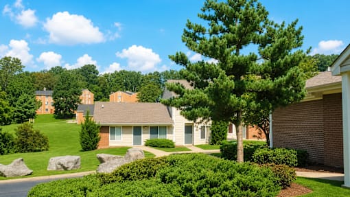 A residential area with houses and greenery.