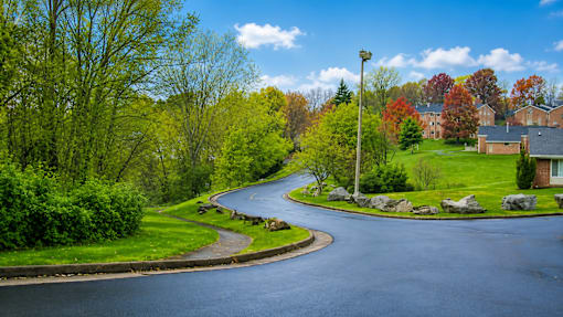 A curvy road with a lamp post on the side.