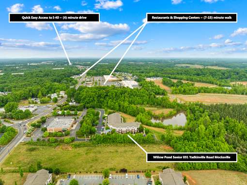 An aerial view of a Willow Pond Senior 831 Yashville Road Mockville with a 4-minute drive to a quick easy access and a 1-35 minute walk to restaurants and shopping cent