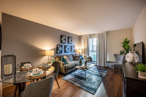 the atherton model apartment common space family room furnished