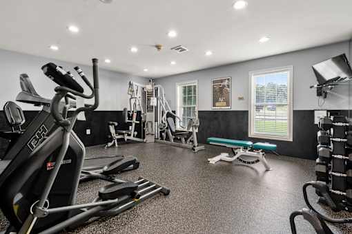 A spacious gym with a variety of equipment including treadmills, weights, and a bench.