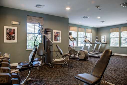 A gym with a variety of equipment including treadmills, stationary bikes, and weight machines.