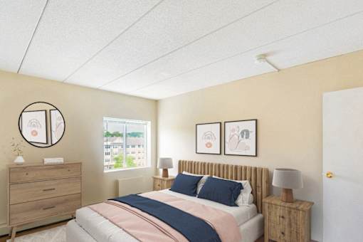 A bedroom with a bed, nightstand, and two framed pictures on the wall at Edmands House, Massachusetts, 01701