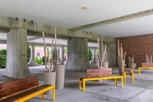 A concrete patio with benches and trees at Edmands House, Framingham, 01701