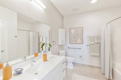 a bathroom with a large mirror and a sink and a toilet at Letsche School, Pittsburgh, 15219