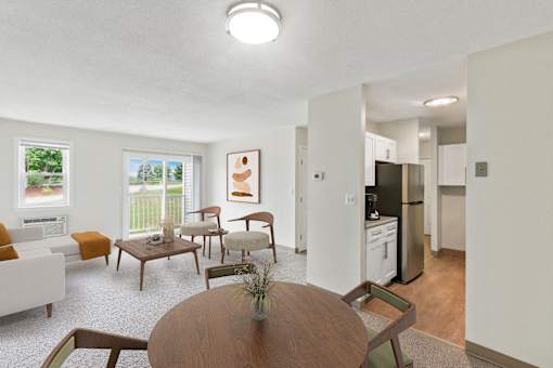 a living room and kitchen with a table and chairs at Blue Hills Village, Canton, 02021